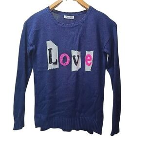 Pinc Premium Love Graphic Sequin Sweater Girls L Navy Blue Knit NWT Bold Preppy